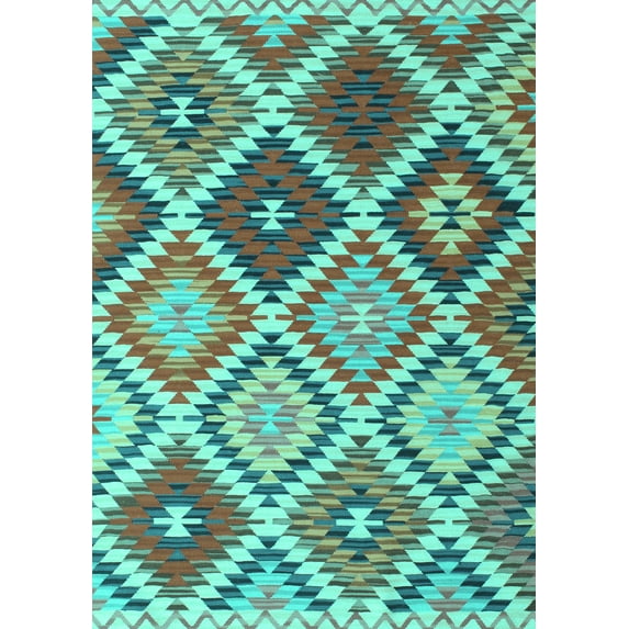 Ahgly Company Machine Washable Indoor Rectangle Southwestern Turquoise Blue Country Area Rugs, 5' x 7'