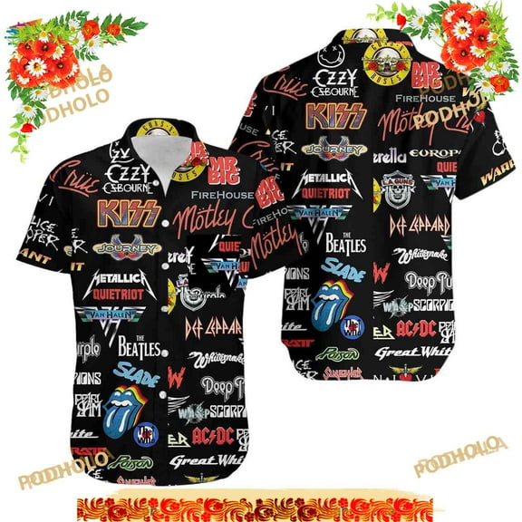 Rock And Roll Hawaiian Shirt, Lapel Casual Tropical Loose Print Aloha Shirt