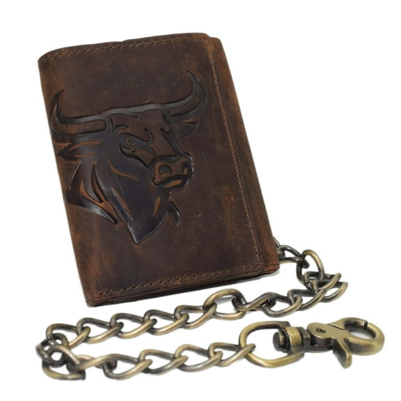 MARSHAL Vintage Biker Trifold Wallet for Men RFID Blocking Genuine Leather Chain Wallet with Embossed Bull Head Design and Snap Closure Brown