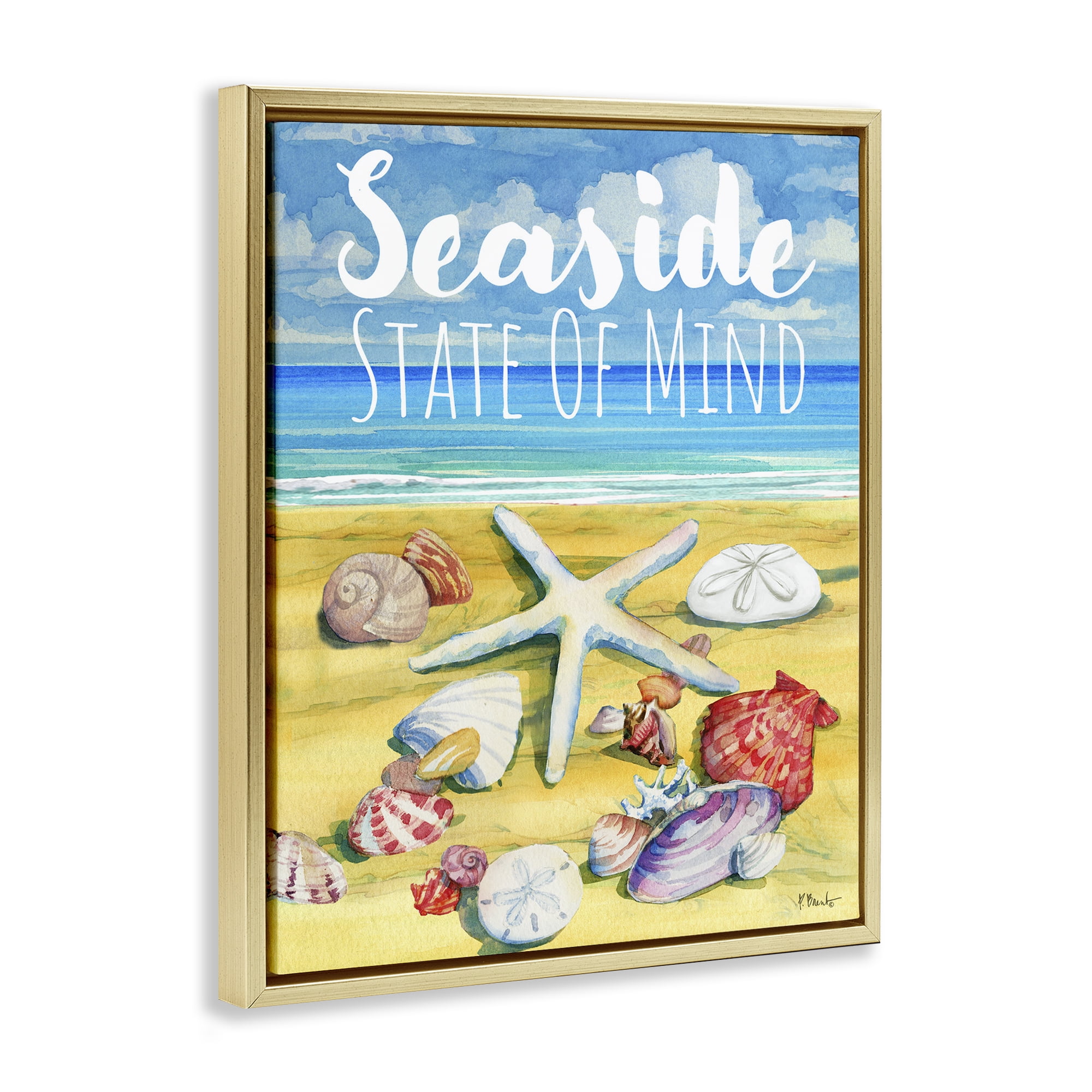Stupell Industries Seaside Sandy Shells Coastal Painting Gold Floater Framed Canvas Art Print Wall Art, 17 x 21