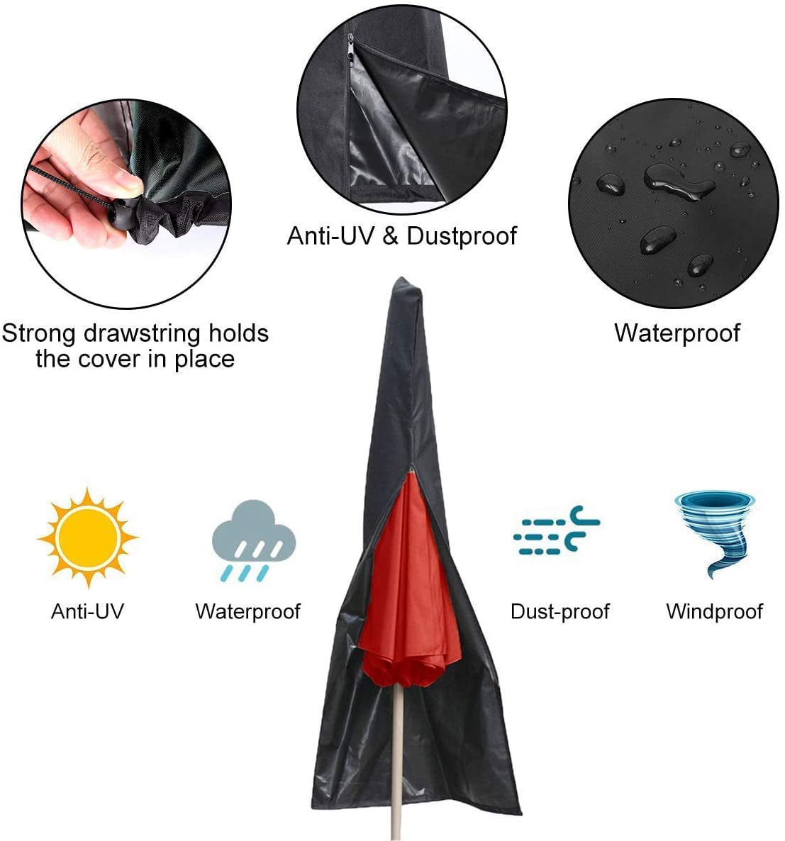 Waterproof Uv Resistant 600D Patio Umbrella Zipper Cover Fit 6Ft To 11Ft 