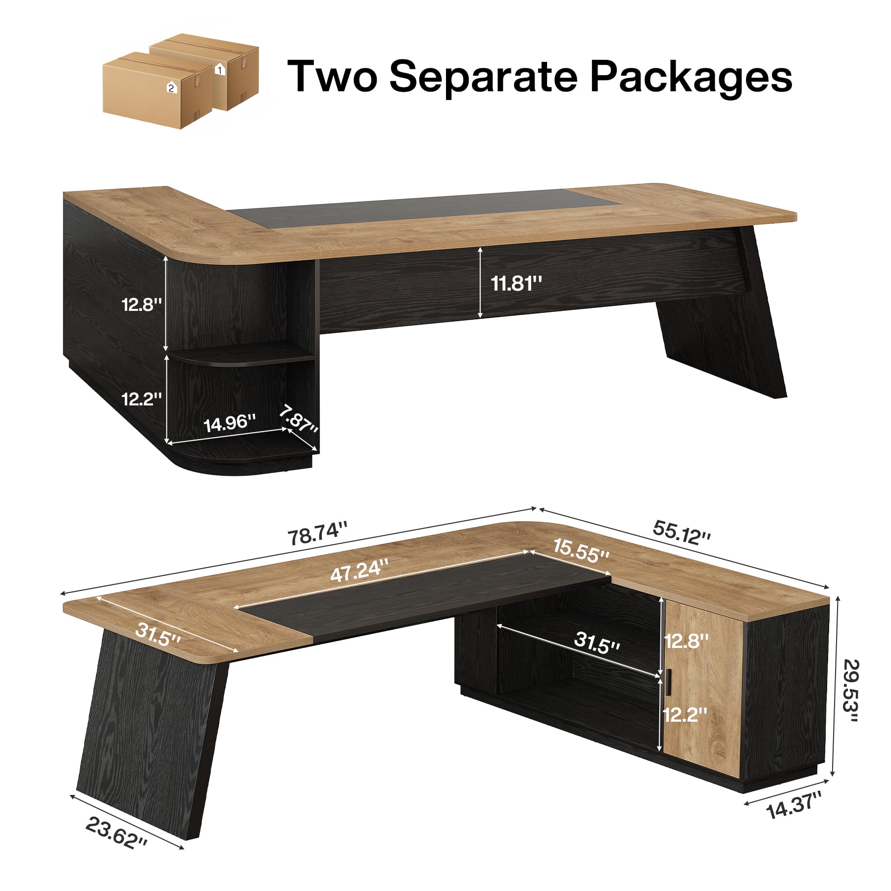 Finmind Executive Desk with Cabinet, 79-inch L-Shaped Computer Desk with Storage Shelves for Home Office, Natural Brown and Black