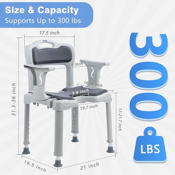 Shower Chair for Narrow Bathroom with Back Cushion & Arms, 300 lbs Capacity Grey Bath Stool for Elderly