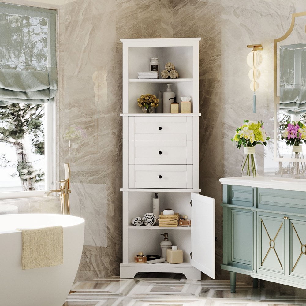 GZXS White Triangle Tall Bathroom Cabinet with 3 Storage Drawers and ...