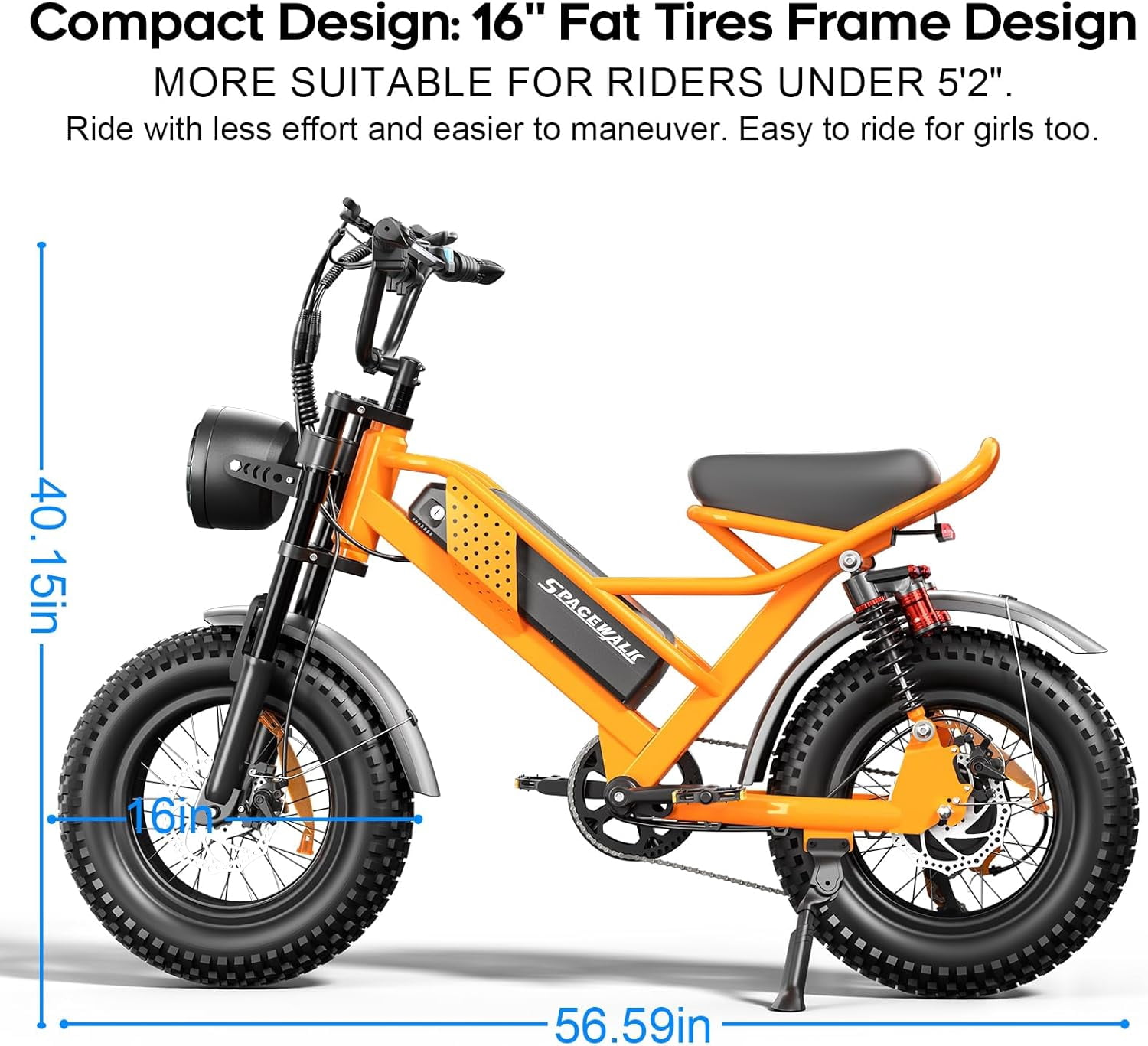 Spacewalk M6 Electric Bike M6 for Teens/Adults,48V 15Ah Removable Battery,1500W Peak Motor,21.7mph,16"Fat tire Ebike Dual Suspension UL2849