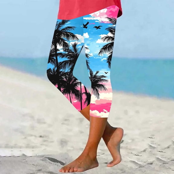 Zysthvn Workout Womens Capris for Summer Yoga Athletic Leggings High Waisted Womens Crop Pants Tropical Running Elastic Waist Gym