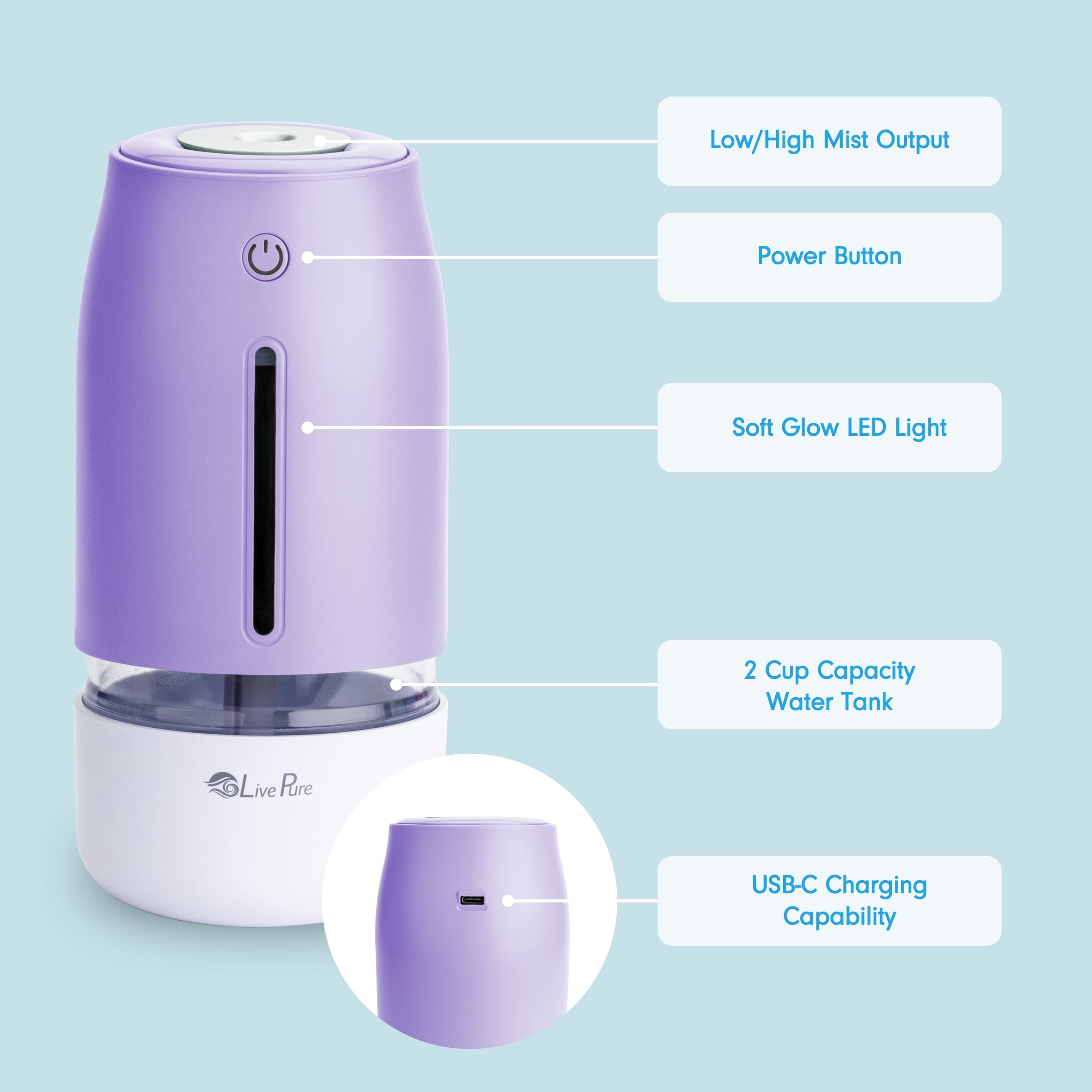 LivePure LP250 Aqua Glo Portable Cool Mist Humidifier. Lavender