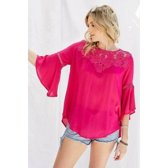 Cute Floral Mesh Lace Accent Yoke Crochet Detailed Tie-back Bell Sleeve Blouse Top