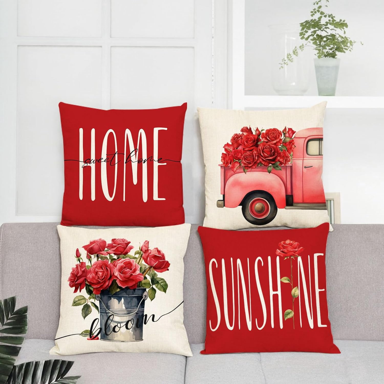 Set of 4 Rose Pillow Covers 18x18 Red Spring Summer Pillow Covers Hello Sunshine Flower Floral Cushion Covers Square Cotton Linen Pillow Cases for Couch Sofa Patio Outdoor Home Decor(18 Inch)