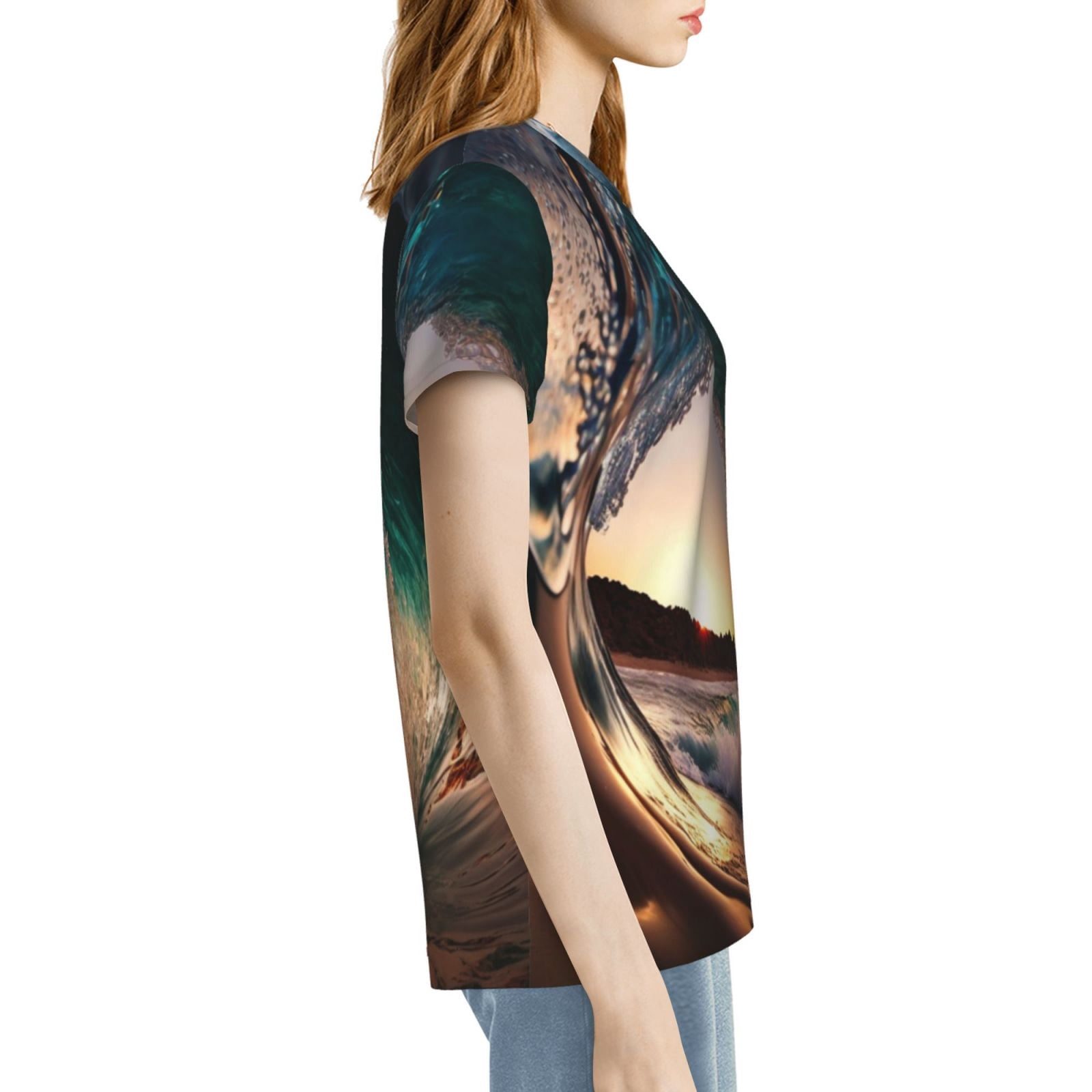 Women T Shirts Short Sleeve Summer Crew Neck Tee Tops, Wave Inside Hollow Morning Surf