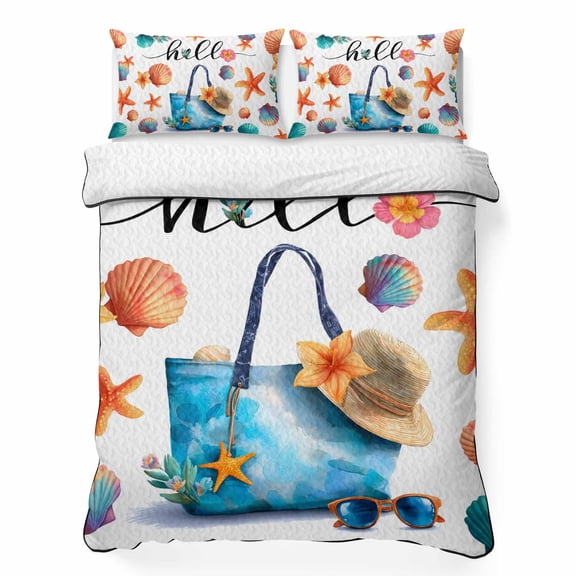 Quilts Queen Size Bedding Set, Happy Summer Lightweight Quilted Comforter, Ocean Beach Starfish Shell Bag Watercolor Soft Reversible Bedspread Coverlet with Pillow Covers for All Season, 90" x 96"