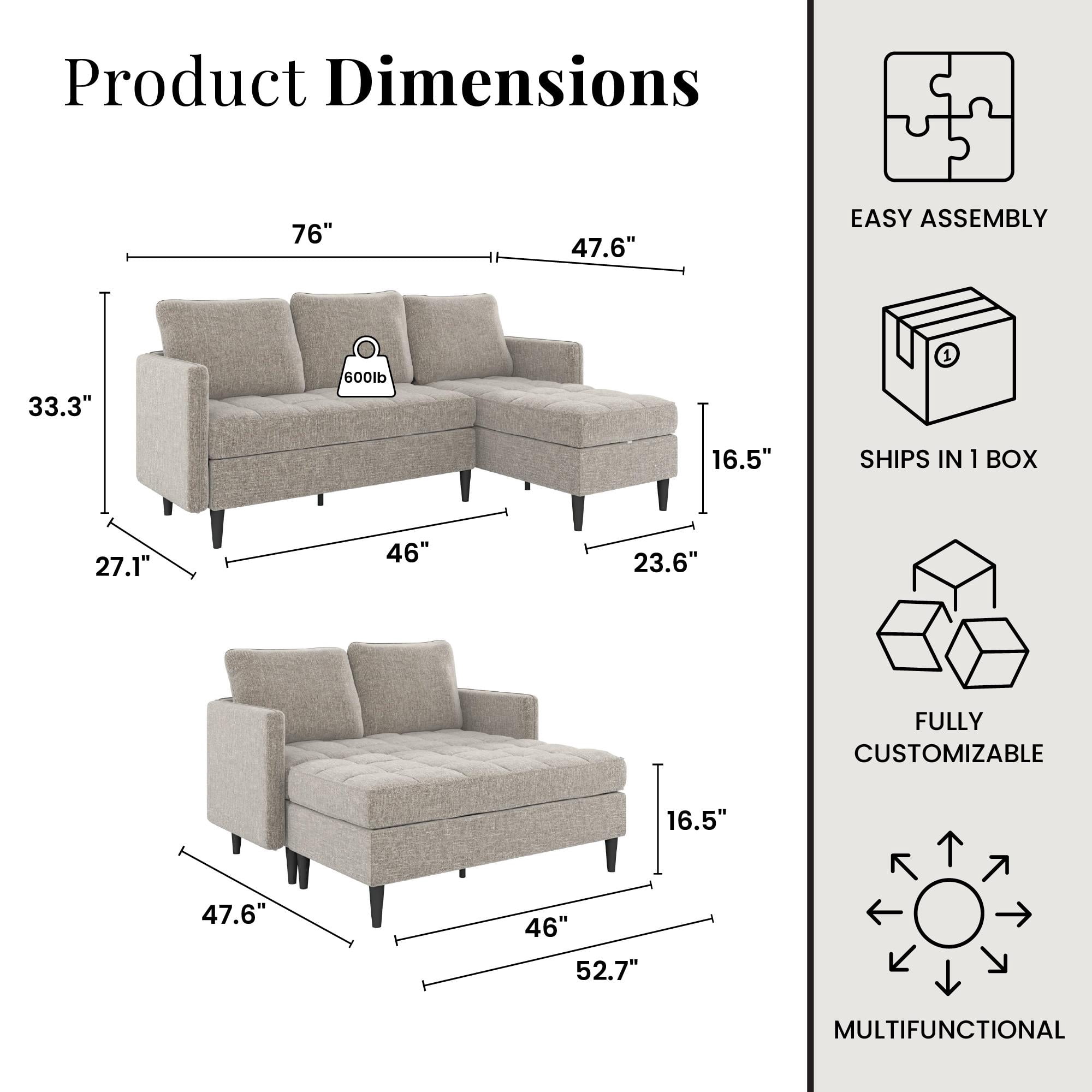 DHP Xandor Modular Sectional Sofa with Storage Chaise, Gray Linen