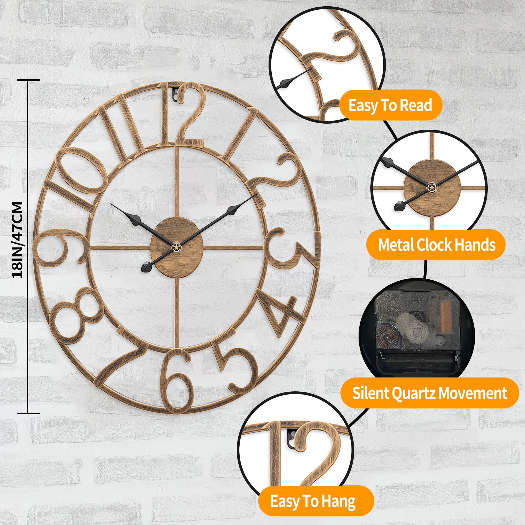 Arsvita Wall Clock, 16" Silent Non-Ticking, Battery Operated, Oversized, Decorative Retro Gold Metal Clock for Living Room,Farmhouse, Dinner Room,Indoor, Outdoor Decor(40cm, Gold Arabic Number)