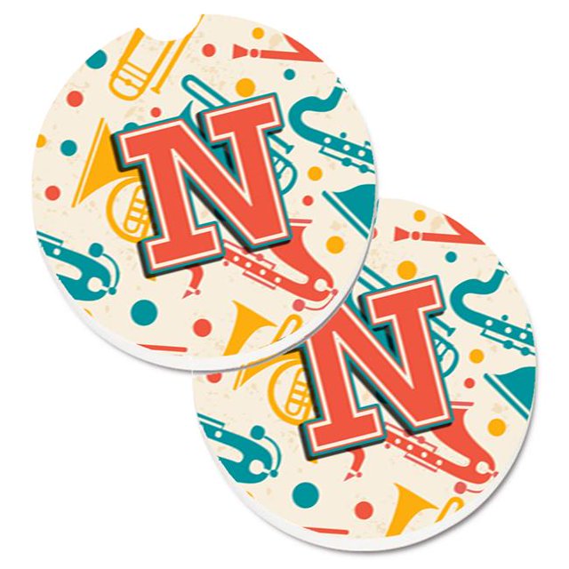 Letter N Rétro Bleu Sarcelle Orange Instruments de Musique Initial Ensemble de 2 Porte-Gobelets sous-Verre de Voiture