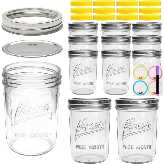 12 pcs 16 oz Mason Jars,Glass Jars with Lids, Airtight Canning Jars, Wide Mouth Mason Jars. Airtight Container For Jams, Honey, Spices,Pickles, Home Decor,Overnight Oats,Fruit Preserves
