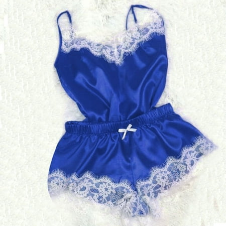

WGOUP 2PC Lingerie Women Sexy Nightdress Nightgown Sleepwear Underwear Set Blue(Buy 2 Get 1 Free)