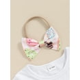thumbnail image 5 of Bagilaanoe 3pcs Toddler Baby Girl Birthday Outfits Shorts Set Short Sleeve Letter Print T Shirt Tops + Shorts + Hairband 18M 24M 3T Kids Casual Summer Clothes, 5 of 8