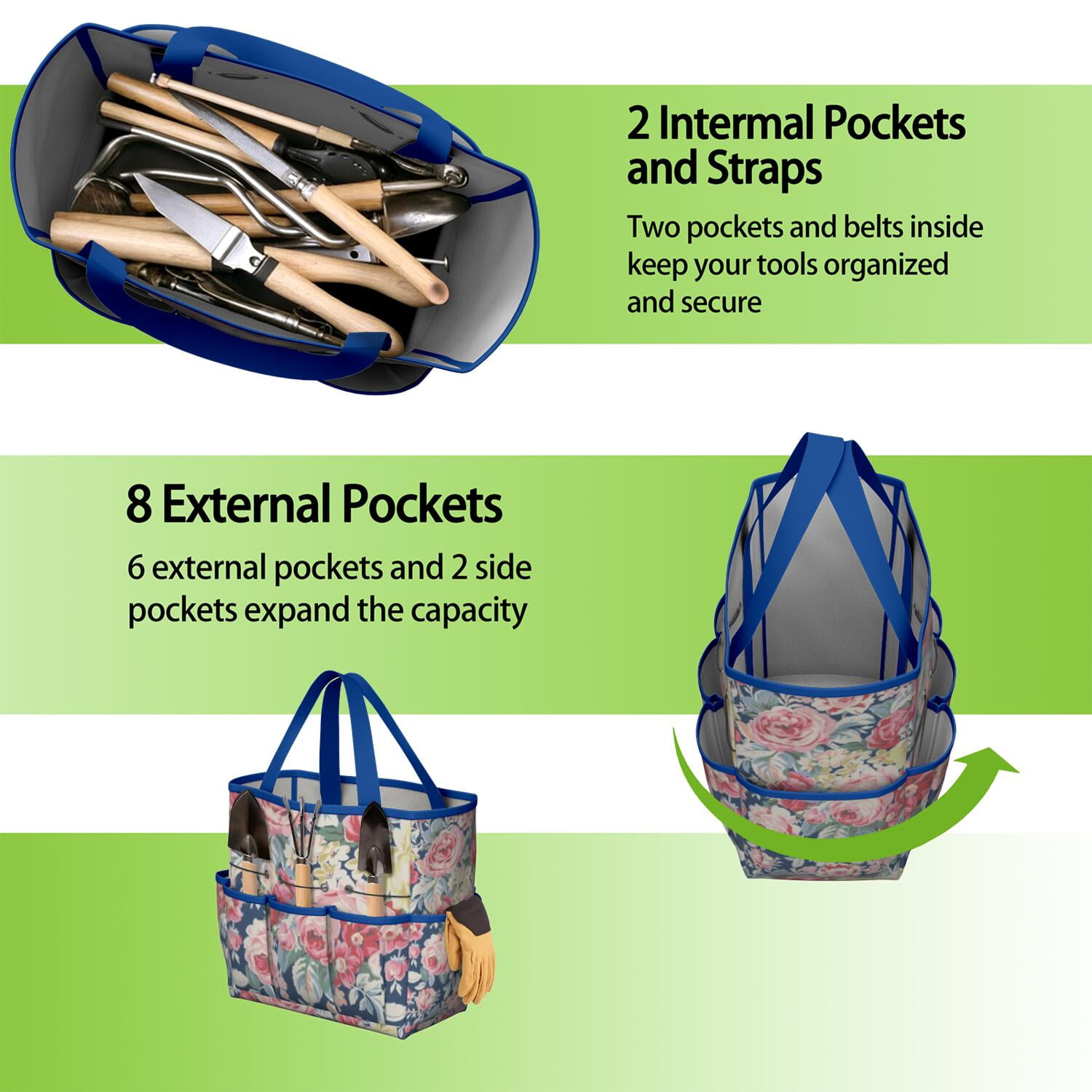 Garden Tool Bag,Pioneer Flower Floral Print Pattern Garden Tool Organizer,Garden Gifts,Waterproof Multi-Pocket Garden Tool Storage 11.8x5.5x11.4 Inch(Tools NOT Included)