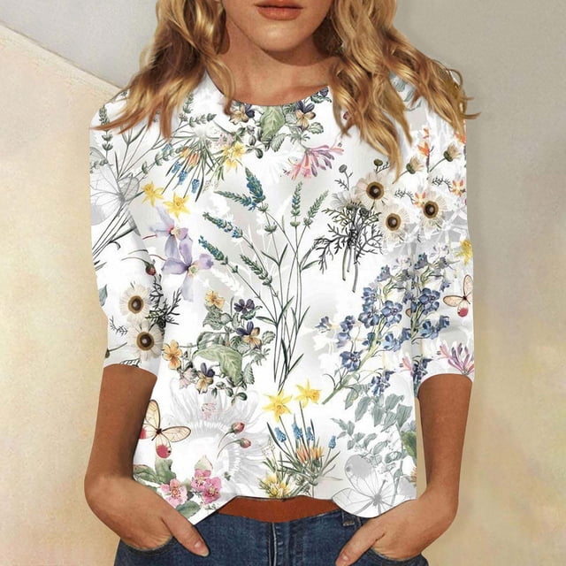 MKLEKYY Camiseta Mujer Camisa Estampada Para Mujer, Manga 3/4, Túnica, Cuello Redondo, Blusa, Camiseta 805 Talla M
