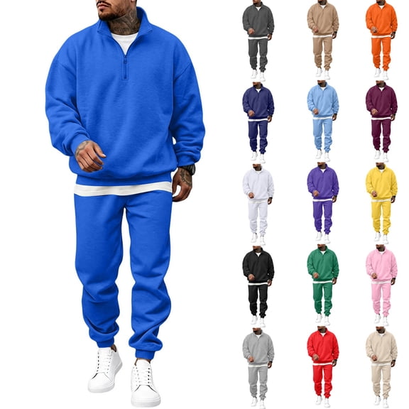Mens Quarter Zip Sweatsuit 2 Piece Set Half Zip Stand Collar Sweatshirt & Tapered Jogger Pants Suit