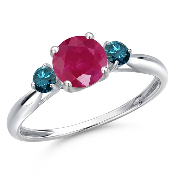 Gem Stone King 10K White Gold Red Ruby and Blue Diamond 3-Stone Ring for Women | 1.20 Cttw | Round 6MM | Gemstone July Birthstone | Size 8