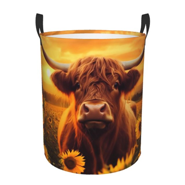 Balery Vintage Sunflower Cow A Cesta de ropa redonda con asas, impermeable, independiente, para ropa, juguetes, dormitorio y familia-Medium