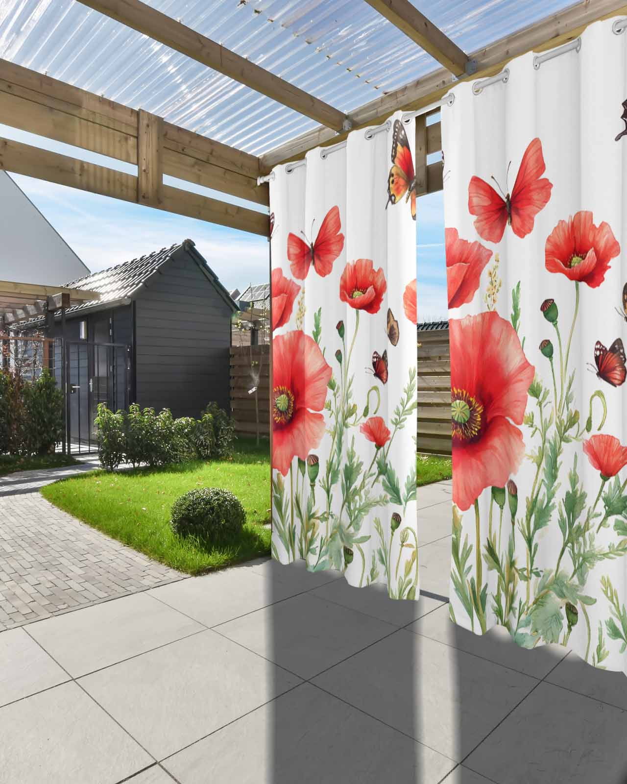 Red Flower Outdoor Curtains for Patio, Spring Butterfly Waterproof Weatherproof Outside Privacy Curtains Outdoor Drapes for Porch Pergola Gazebo 54x84 Inch, 2 Panel