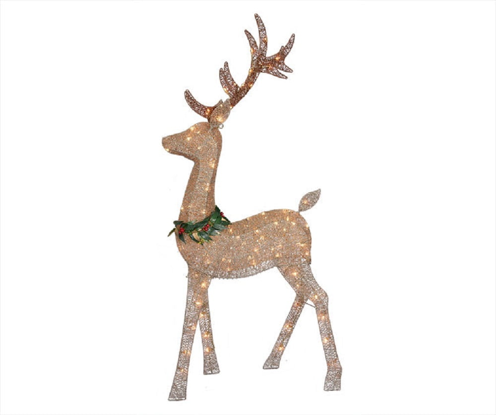 62 Inch Tall Glittering Brown Buck Reindeer 90 Clear Lights PreLit, Holiday Christmas Yard