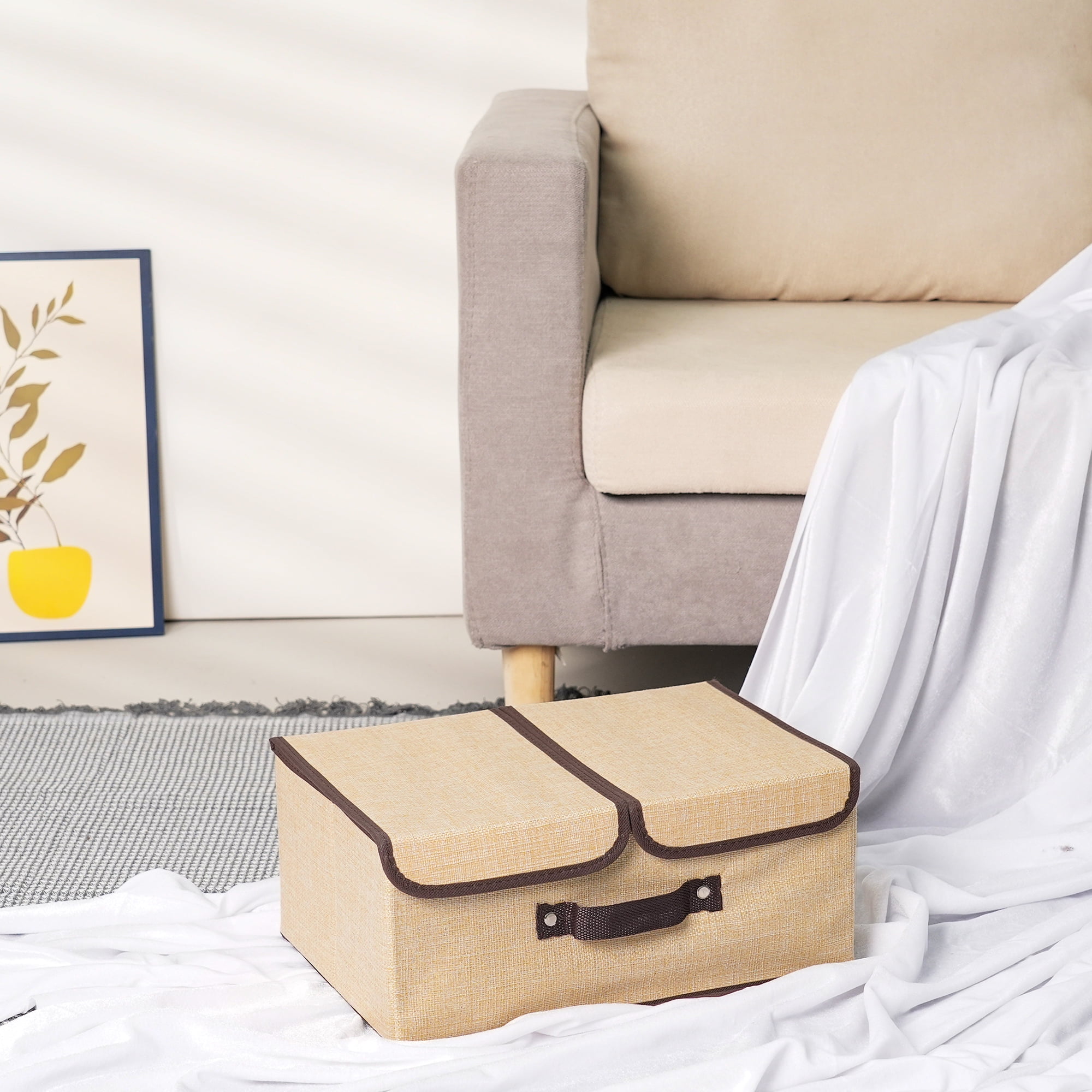 Unique Bargains Collapsible Storage Bin Basket with Handle for Shelves Organization Beige