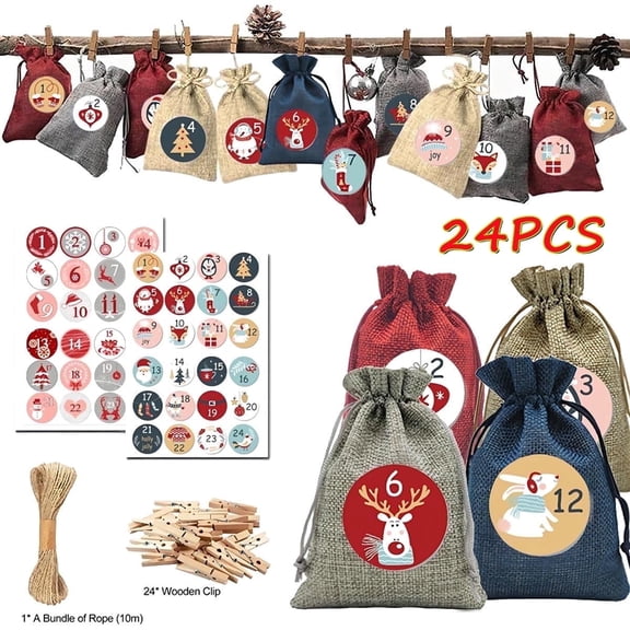 Small Christmas Gift Bags Christmas Burlap Drawstring Gift Bags Christmas Small Fabric Gift Bags for Xmas Party Favors Gift Bags 24pcs