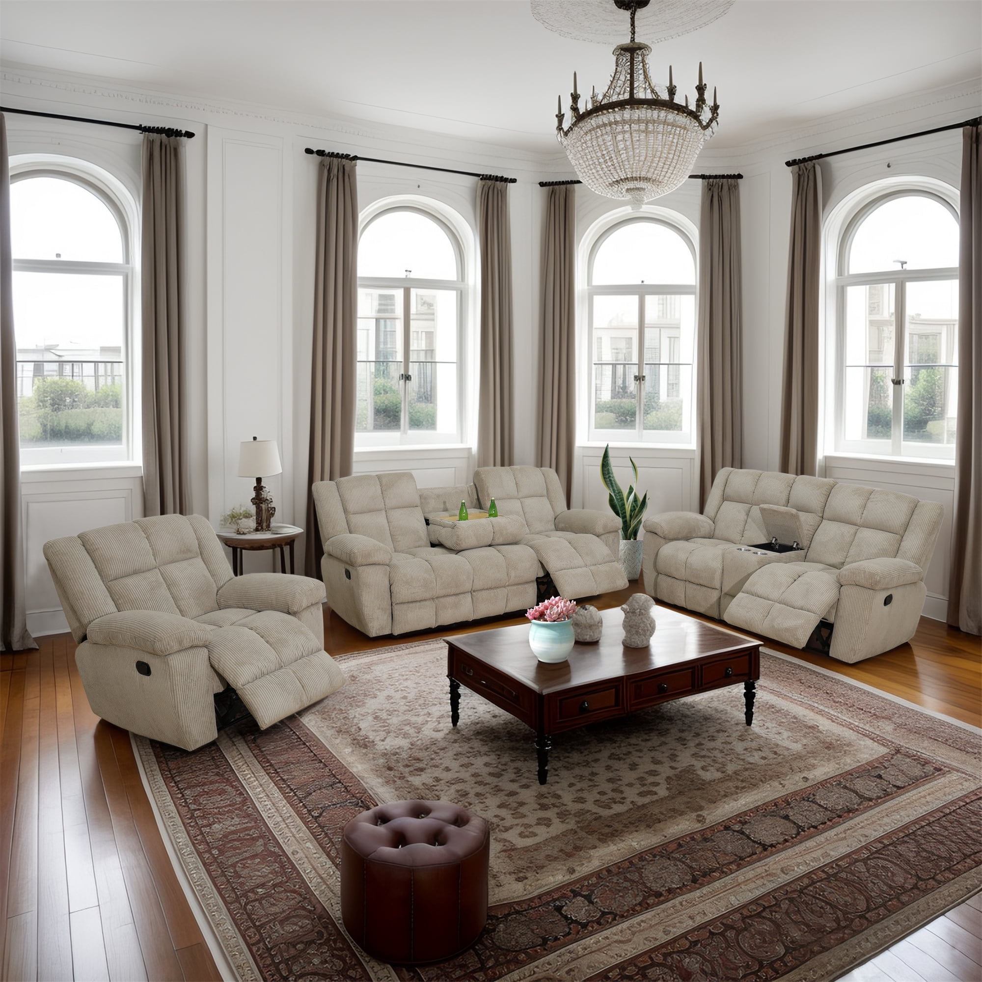 Aukfa 3-Piece Recliner Sofa Set - 89" 3 Seat Recliner w/ Flip Backrest Cupholder, Home Theater Seating, Beige