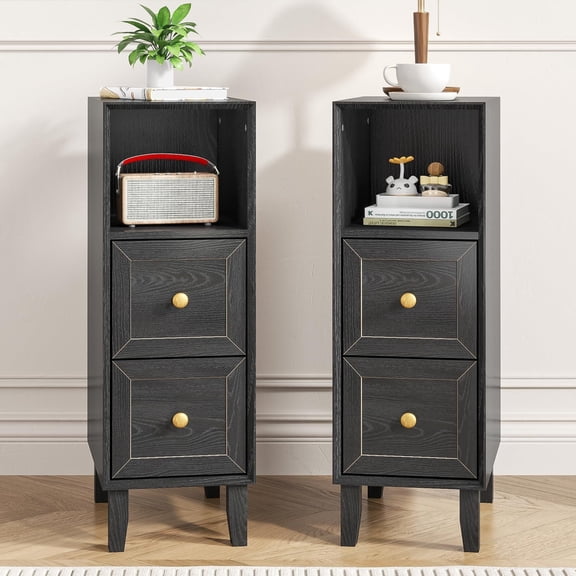 Narrow Nightstand Set of 2, Slim Wooden Bedside Tables with 2 Drawers, Skinny Mid Century Modern End Tables, Black