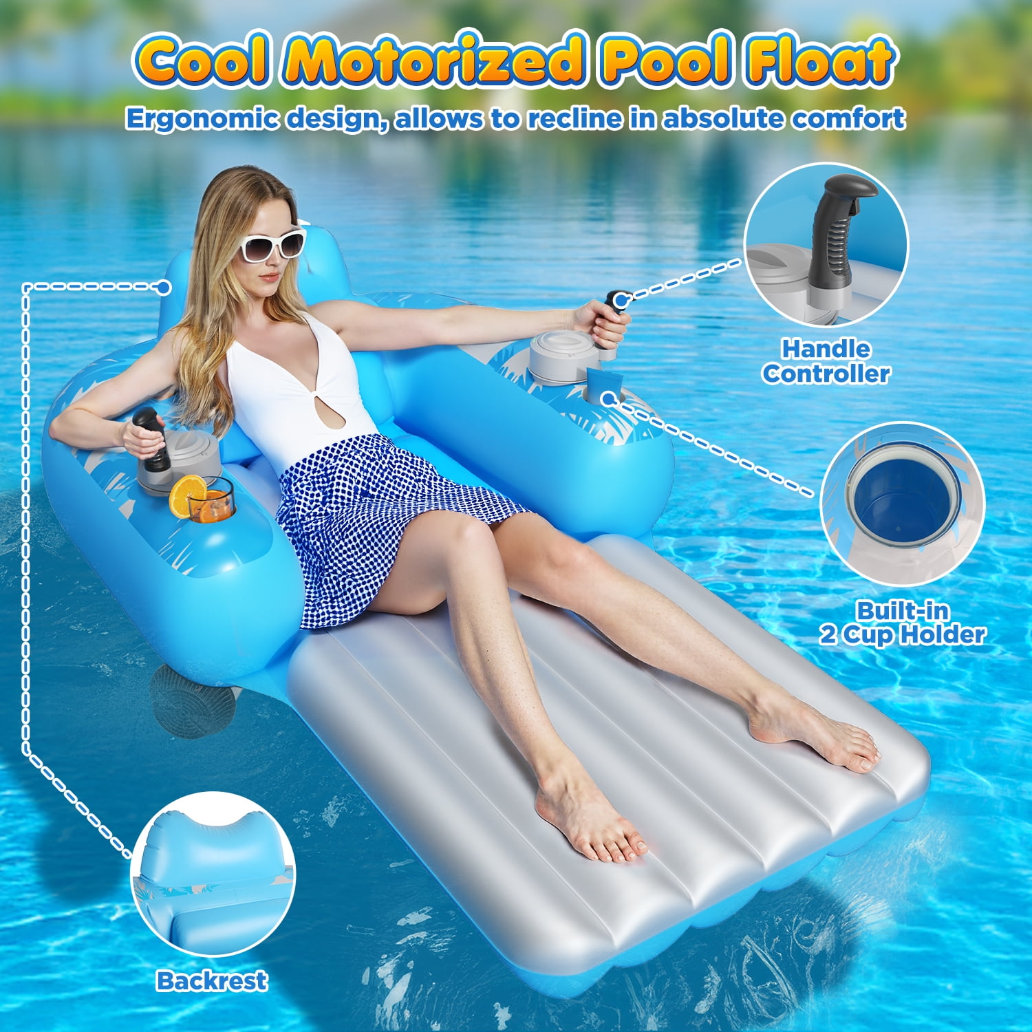Hot Bee Electric Pool Lounger for Adults, Rechargeable Motorized Float with Dual Propellers, Handheld Remote, Cup Holders & 360° Movement, Summer Floating Water Lounge Chair