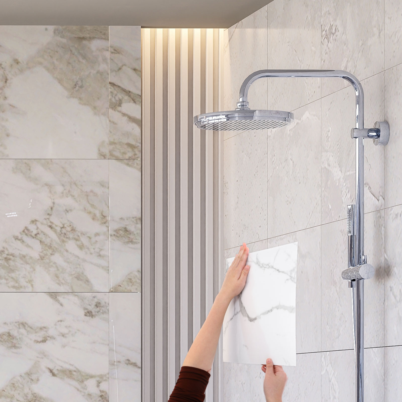 Uxcell 20Pcs Peel and Stick Marble Tiles, Waterproof Wall Panel Backsplash, 11.81"x11.81" Peel and Stick Shower Tiles for Bathroom, White with Grey Veins Design