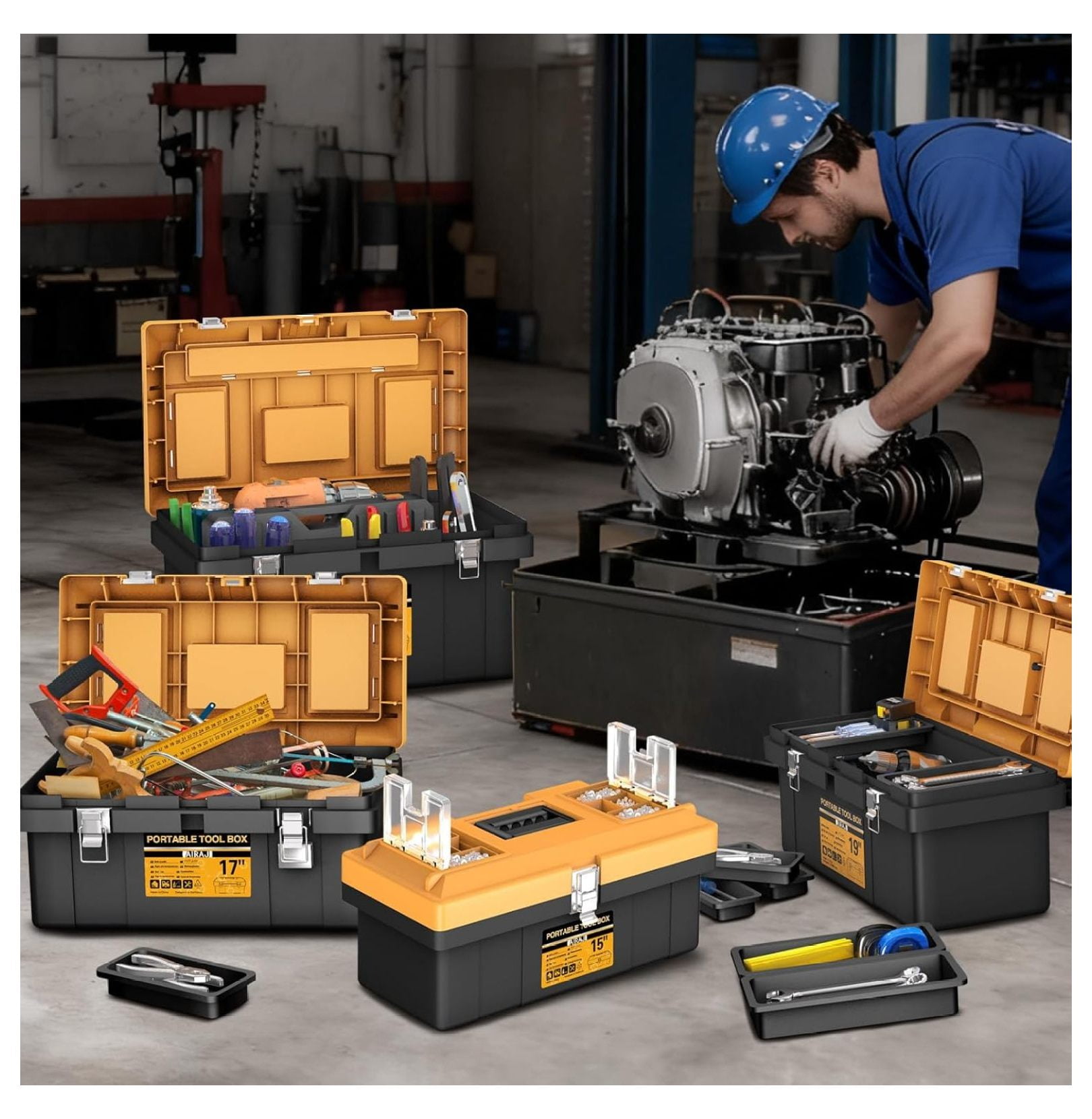Tool Box | 4 In 1 Toolbox Set | 8 Removable Tool Box Organizers | 15”+17”+19”+21” | Lockable Portable Tool Boxes | Mini/Small/Large Toolboxes | Garage Storage Tools | Home/Professional | Hand/Power