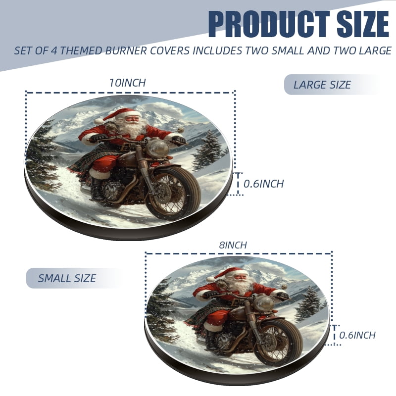 Christmas Gas Stove Burner Covers Set of 4, Santa Claus Riding Motorcycle Print Round Mental Electric Stove Burner Covers Range Top Modern Decor for Kitchen, 8 Inches and 10 Inches