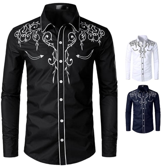 FINALGANG Mens Lapel Collar Button Front Western Floral Embroidery Long Sleeve Shirt Slim Fit Cowboy Country Daily Party Wear Tops Leisure Top Black XXL