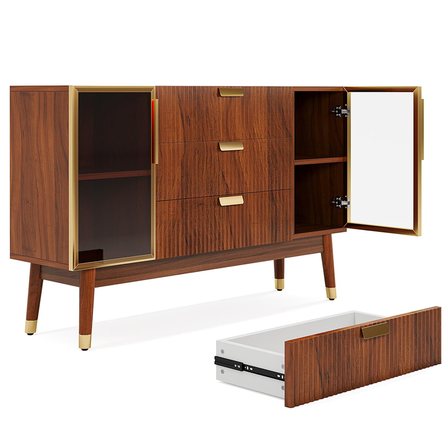 Demi Bonn 55" Sideboard Buffet Storage Cabinet with 3 Drawers, Mid-Century Credenza Accent Cabinet for Kitchen Entryway Living Dining Room, Brown