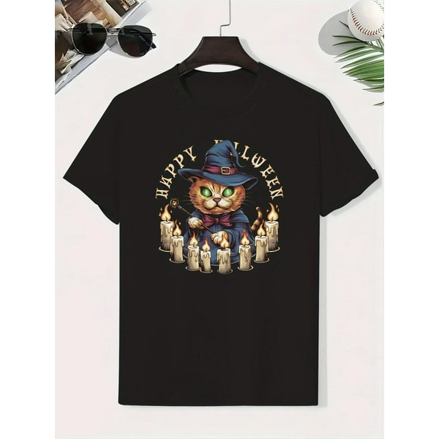 Halloween T-shirt - Cute Witch Cat Design with Broomstick - Lightweight Cotton Kids Top for Halloween Party Outfit - Easy-Care Boys Clothing ( to Early Teens) - Happy Halloween Graphic Tee