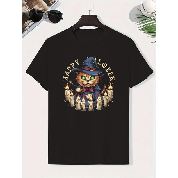 Halloween T-shirt - Cute Witch Cat Design with Broomstick - Lightweight Cotton Kids Top for Halloween Party Outfit - Easy-Care Boys Clothing ( to Early Teens) - Happy Halloween Graphic Tee