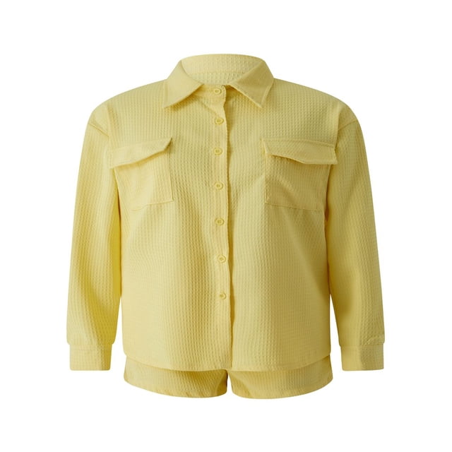 Women‘s 2Pcs Clothing Suit Solid Color Turn-Down Collar Long Sleeve Button-Down Shirt + Elastic Drawstring Short Pants