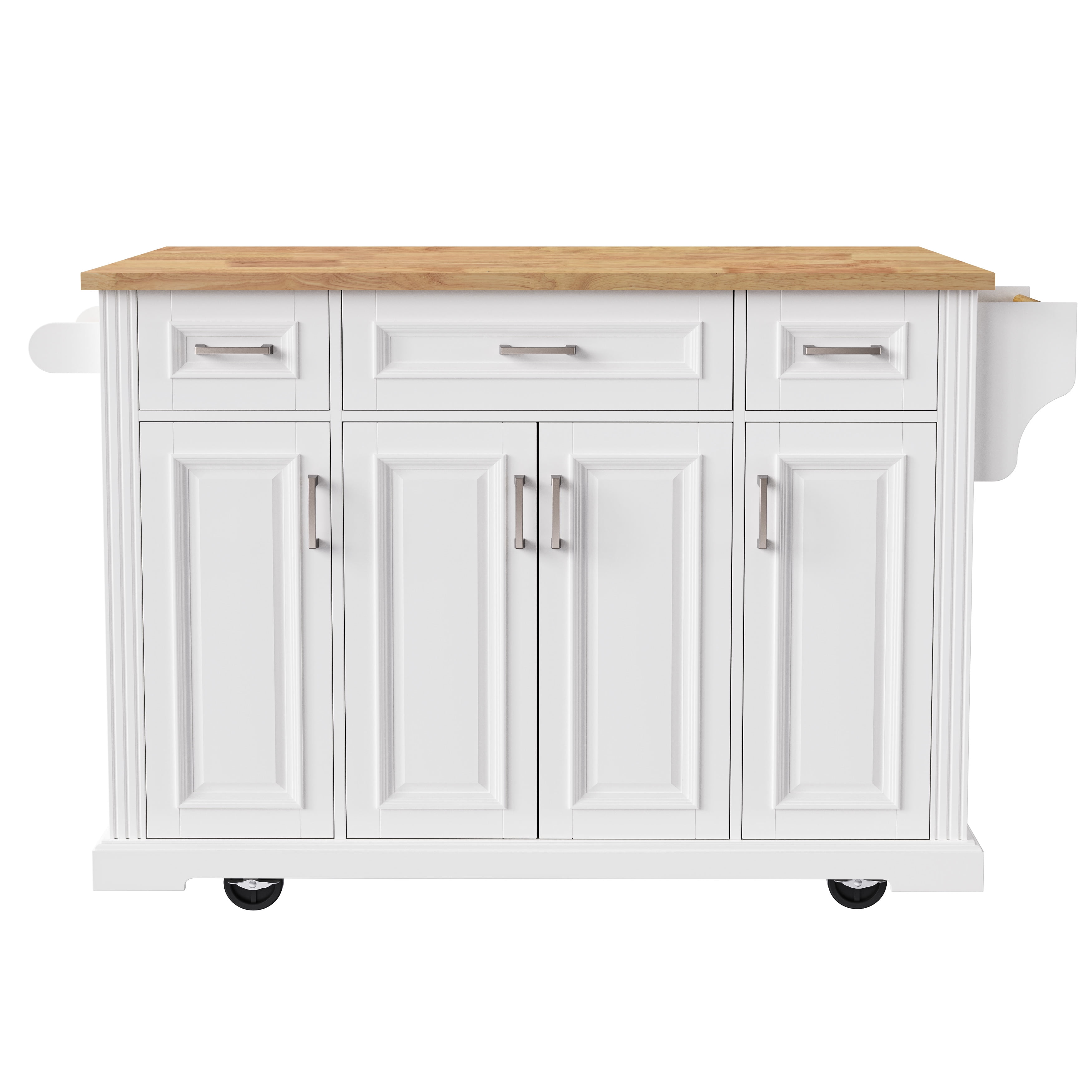 Homy Casa 54" Kitchen Island Cart, White, Foldable Rubberwood Top, Storage, Rolling Wheels