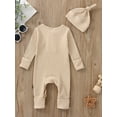 thumbnail image 6 of Infant Baby Jumpsuit and Hat Set, 3 6 12 18M Solid Knit Ribbed Long Sleeve Crew Neck Button Romper One-Piece Clothes, 6 of 10
