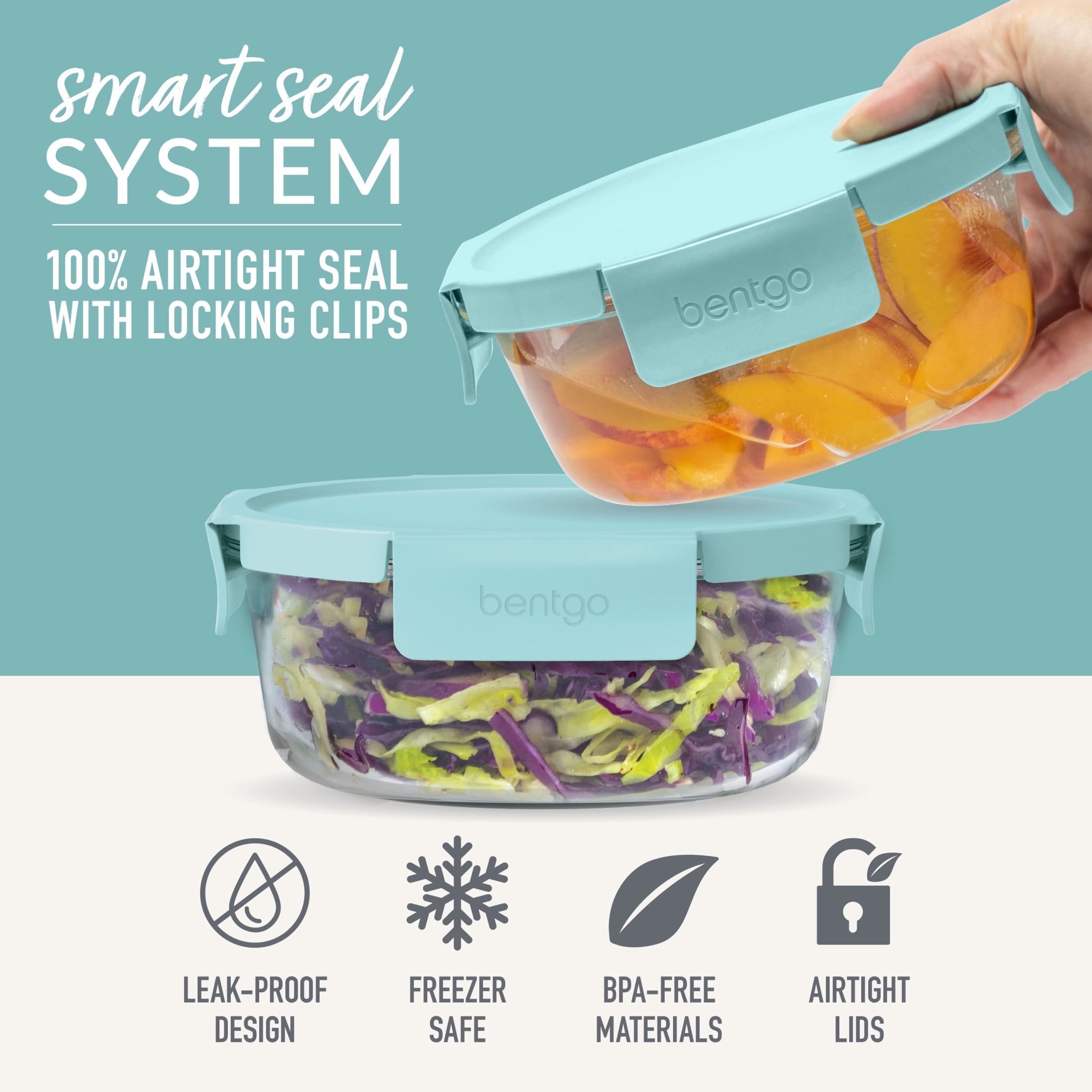 Bentgo Glass Leak-Proof Food Storage Set - 6-Piece Glass Containers with BPA-Free Airtight Lids, Reusable & Durable for Leftovers & Meal Prep - Microwave, Freezer, Oven & Dishwasher Safe (Soft Aqua)