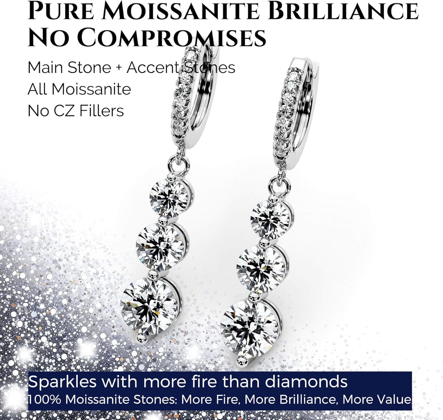 Moissanite Three-stone Diamond Drop Earrings for Women S925 Rodium Vermeil Sterling Silver Trilogy Dangle for Wife Girlfriend Mom Gifts for Her Daughter on Birthday Wedding Anniversary Radiant