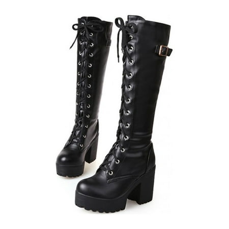 

Ritualay Ladies Casual Knee High Boot Breathable Heeled Heels Work Walking Platform Block Heel Boots Black 4.5