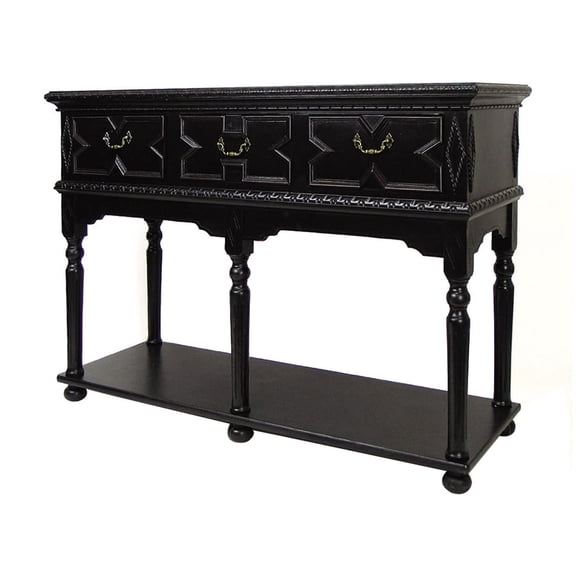 Benjara 3 Drawer Console Table with X Shaped Design and Bun Feet- Black