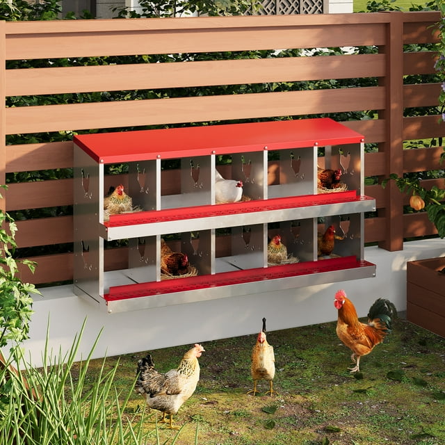 Twister.CK 10 Compartment Metal Chicken Nesting Box, Rollaway Design for Easy Egg Collection, Red