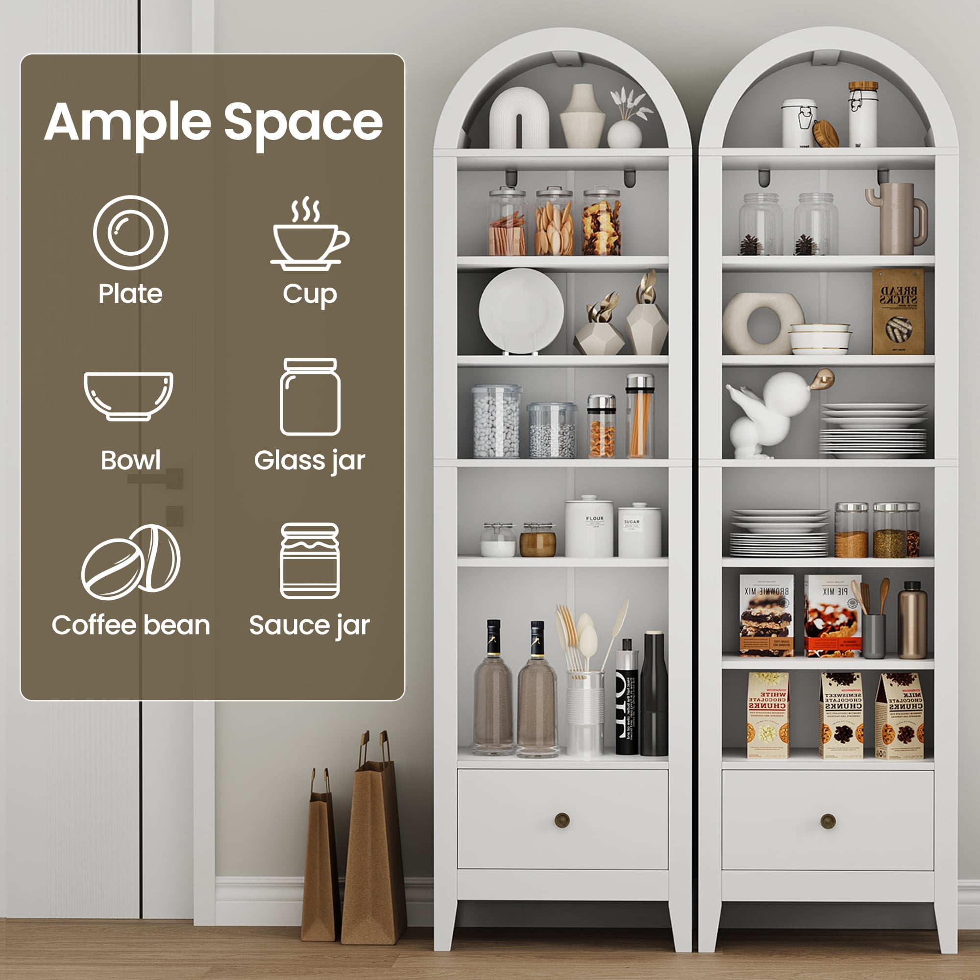 70" Arched Tall Kitchen Pantry Cabinet, 8-Tier Arched Storage Cabinet with Doors and Shelves, Shoe Cabinet for Entryway, Living Room, Hallway, White