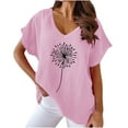 thumbnail image 1 of Hauts d'Été pour Femmes Col en V Imprimé Coton Lin Manches Courtes T-Shirts Décontractés Légers Blouse Habillée, 1 of 6